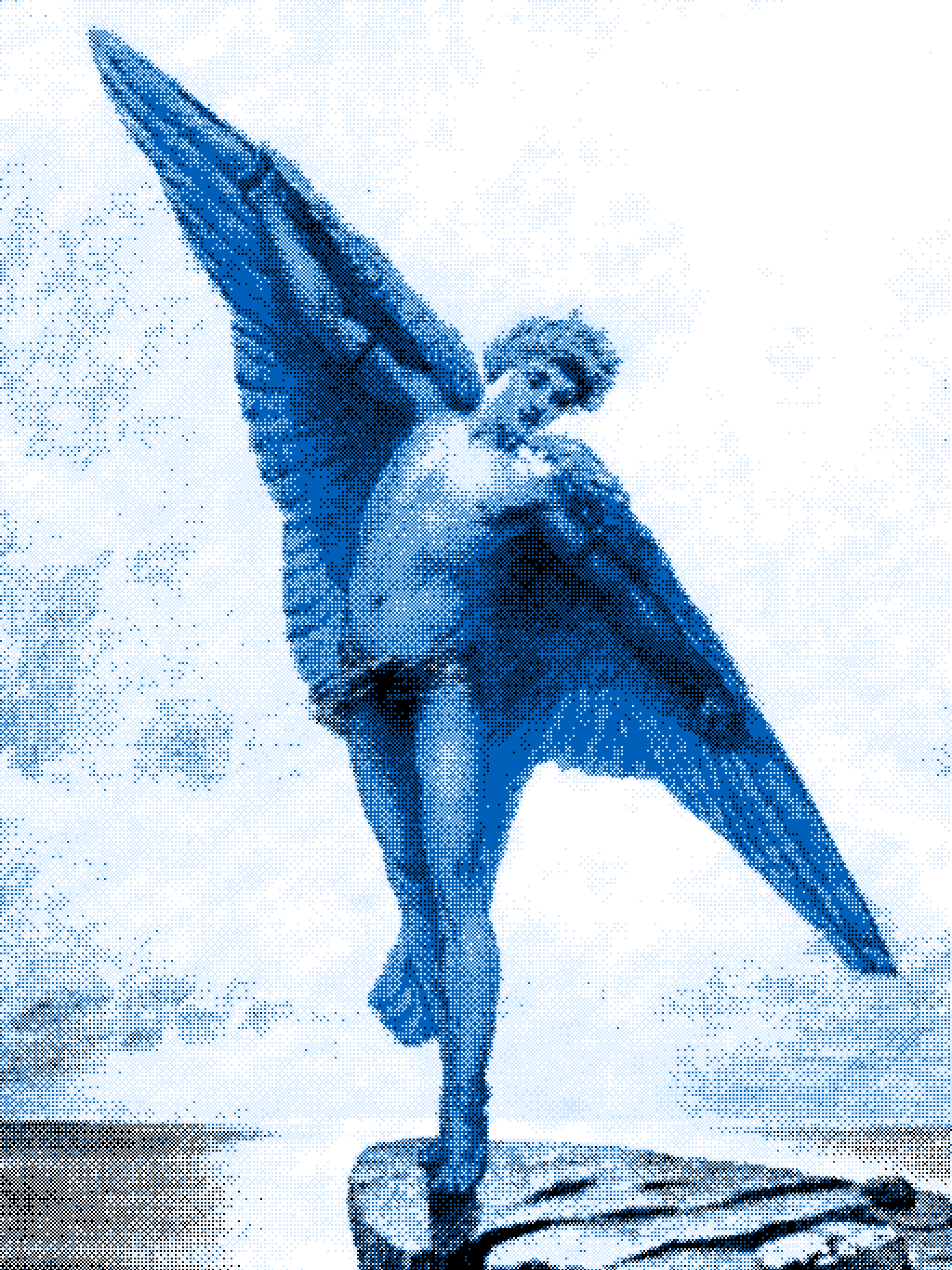 Icarus poised at the cliff's edge, wings fully spread, in the moment before launch
